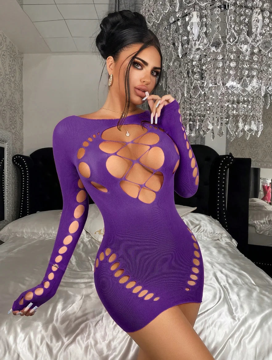 Vestido ajustado sexy de mujer con cuello halter, aberturas y lencería elástica de rejilla, ropa de dormir, ropa de noche