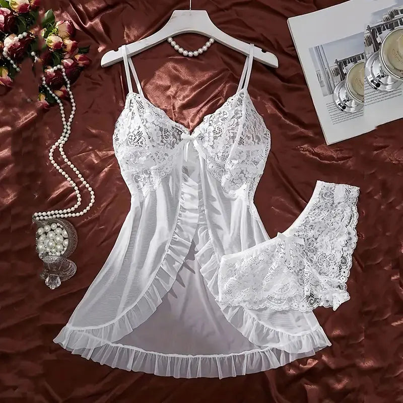 Conjunto de camisón ultra sexy de tul con escote en V, sujetador, falda abierta para dormir, vestido erótico de noche, pijama transparente para mujer, lencería, pantalones, kit de lujo.