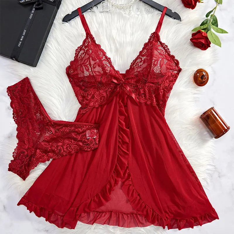 Conjunto de camisón ultra sexy de tul con escote en V, sujetador, falda abierta para dormir, vestido erótico de noche, pijama transparente para mujer, lencería, pantalones, kit de lujo.