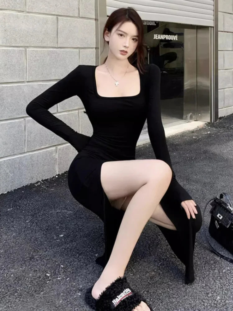 Vestido sexy con abertura lateral, ajustado, cruzado, por encima de la rodilla, de manga larga, negro, primavera/otoño Talla única