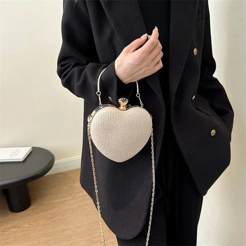 Bolso de mano de noche para mujer, bolso brillante con forma de corazón, bolsos de mano metálicos, bolsos de moda con cadena, bolsos de hombro y bandoleras de lujo para mujer