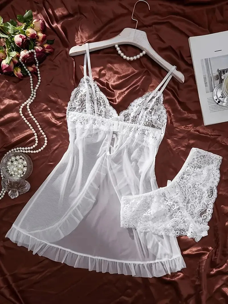 Conjunto de camisón ultra sexy de tul con escote en V, sujetador, falda abierta para dormir, vestido erótico de noche, pijama transparente para mujer, lencería, pantalones, kit de lujo.