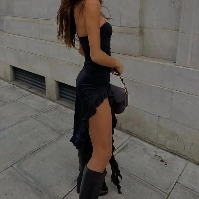 Vestido corto sin tirantes sexy  con abertura alta para mujer,vestido de fiesta negro y rosa sin espalda, sin mangas.