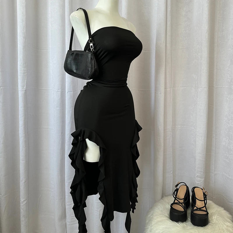 Vestido corto sin tirantes sexy  con abertura alta para mujer,vestido de fiesta negro y rosa sin espalda, sin mangas.
