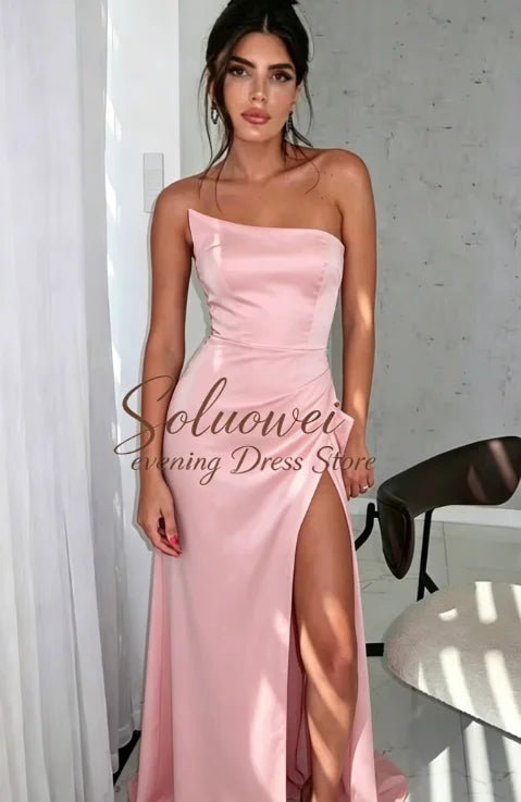 Hermoso y elegantes para mujer con pliegues, sencillo vestido de fiesta negro estilo sirena, sexy, sin hombros, con abertura alta, personalizados.