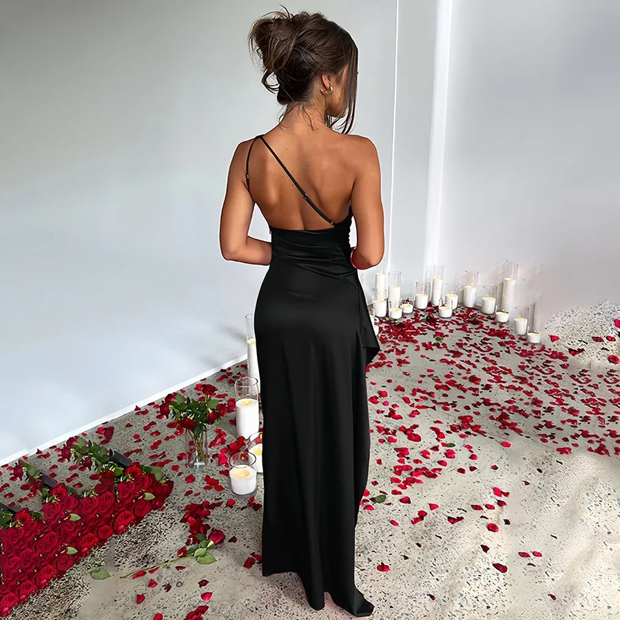 Vestido largo sexy y elegante, un solo hombro, sin mangas, con abertura alta en la espalda