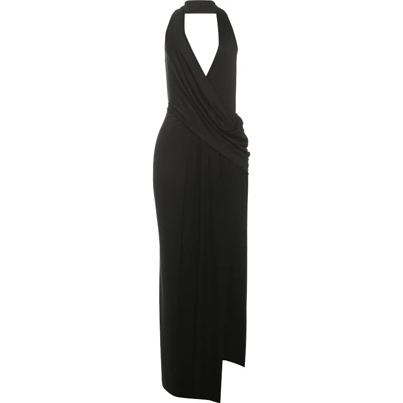 Vestido largo Sisterlinda Sexy High Splits para mujer, estilo halter, escote en V profundo, sin espalda, sin mangas, para fiestas en la piscina de verano, fruncido, elegante.