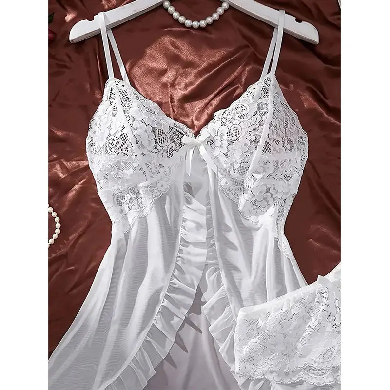 Conjunto de camisón ultra sexy de tul con escote en V, sujetador, falda abierta para dormir, vestido erótico de noche, pijama transparente para mujer, lencería, pantalones, kit de lujo.