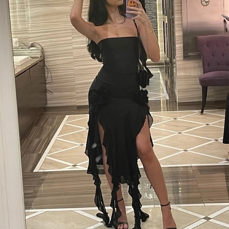 Vestido corto sin tirantes sexy  con abertura alta para mujer,vestido de fiesta negro y rosa sin espalda, sin mangas.