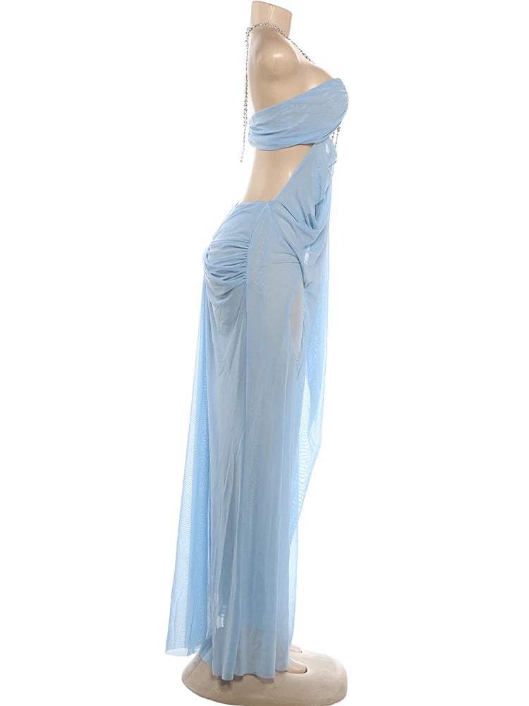 Vestido de fiesta Nibber para mujer, sexy, transparente, de lujo, con cadena, cuello halter bajo, sin espalda, sin mangas, elegante, medianoche.