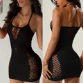 Vestido ajustado sexy de mujer con cuello halter, aberturas y lencería elástica de rejilla, ropa de dormir, ropa de noche