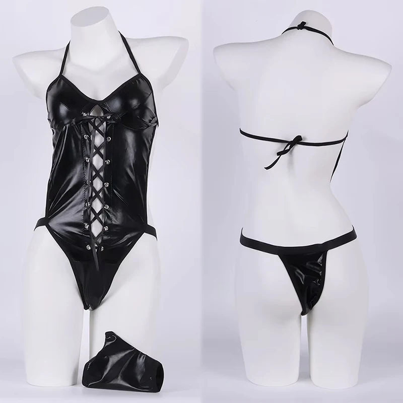 Conjunto de lencería sexy de látex y cuero para mujer, sujetador hueco, disfraces eróticos, vestido babydoll con escote en V sin espalda, corsés de tallas grandes.