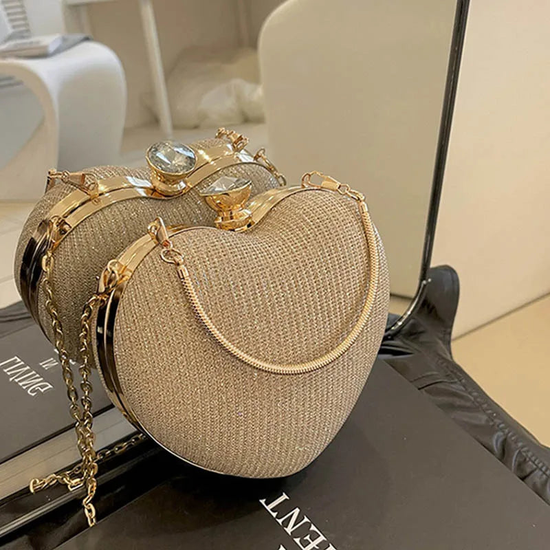 Bolso de mano de noche para mujer, bolso brillante con forma de corazón, bolsos de mano metálicos, bolsos de moda con cadena, bolsos de hombro y bandoleras de lujo para mujer