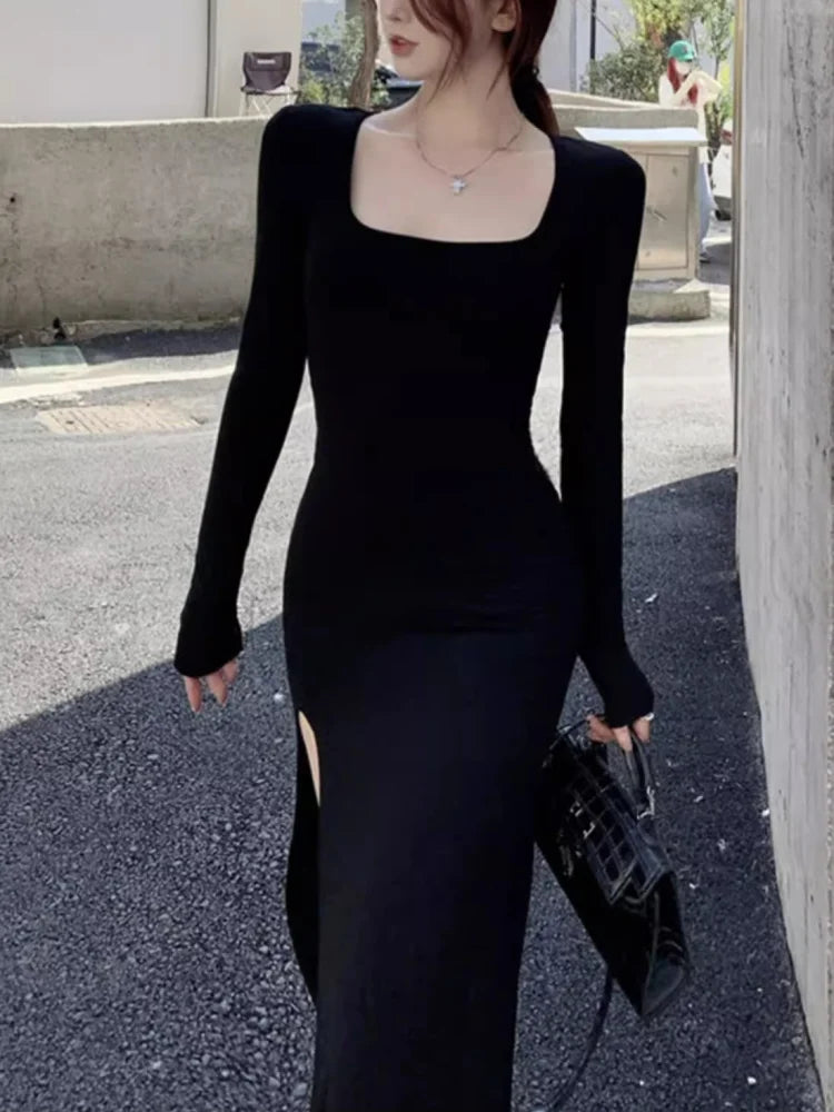 Vestido sexy con abertura lateral, ajustado, cruzado, por encima de la rodilla, de manga larga, negro, primavera/otoño Talla única