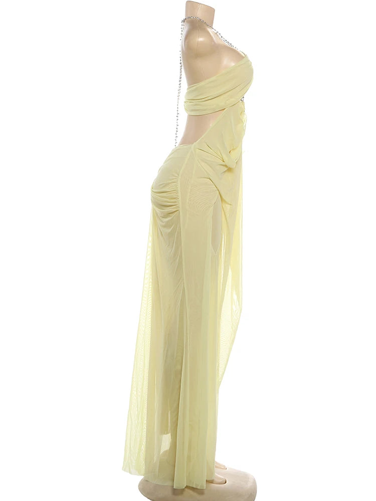 Vestido de fiesta Nibber para mujer, sexy, transparente, de lujo, con cadena, cuello halter bajo, sin espalda, sin mangas, elegante, medianoche.
