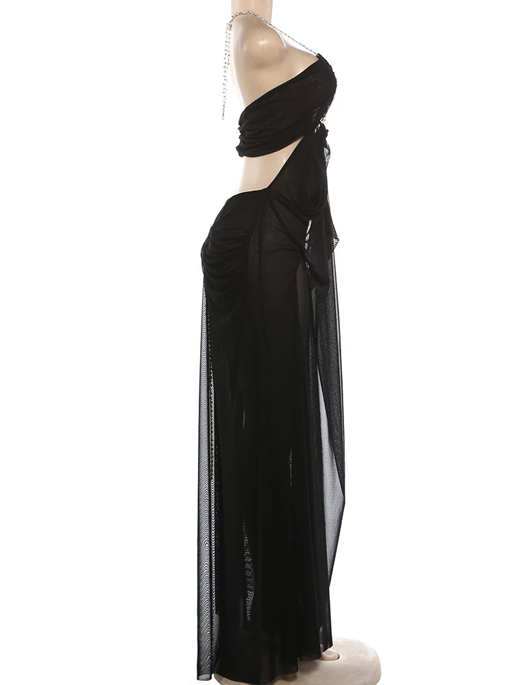 Vestido de fiesta Nibber para mujer, sexy, transparente, de lujo, con cadena, cuello halter bajo, sin espalda, sin mangas, elegante, medianoche.