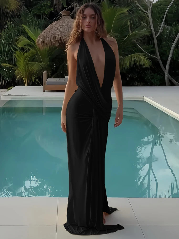 Vestido largo Sisterlinda Sexy High Splits para mujer, estilo halter, escote en V profundo, sin espalda, sin mangas, para fiestas en la piscina de verano, fruncido, elegante.