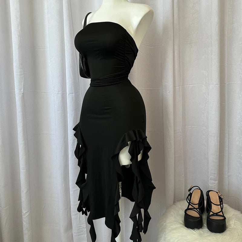 Vestido corto sin tirantes sexy  con abertura alta para mujer,vestido de fiesta negro y rosa sin espalda, sin mangas.