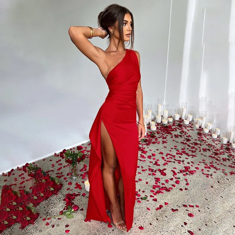 Vestido largo sexy y elegante, un solo hombro, sin mangas, con abertura alta en la espalda
