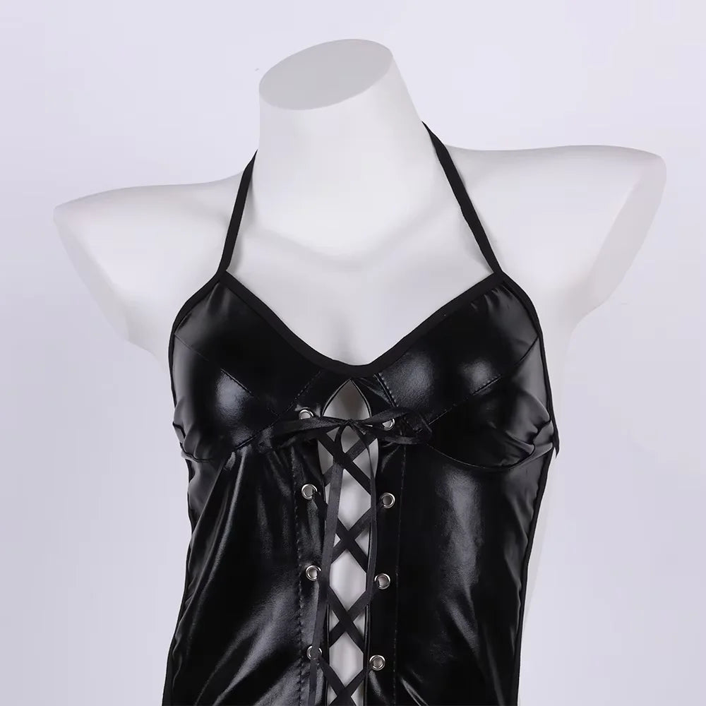 Conjunto de lencería sexy de látex y cuero para mujer, sujetador hueco, disfraces eróticos, vestido babydoll con escote en V sin espalda, corsés de tallas grandes.