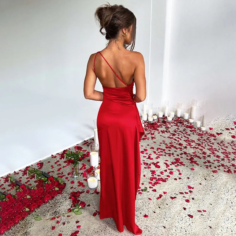 Vestido largo sexy y elegante, un solo hombro, sin mangas, con abertura alta en la espalda