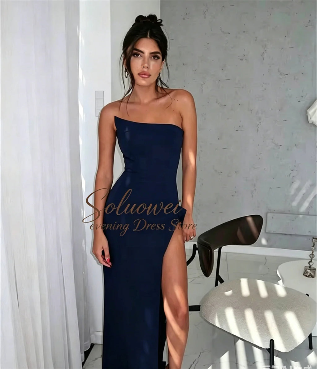 Hermoso y elegantes para mujer con pliegues, sencillo vestido de fiesta negro estilo sirena, sexy, sin hombros, con abertura alta, personalizados.