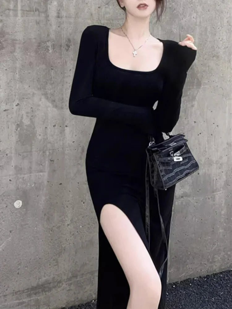 Vestido sexy con abertura lateral, ajustado, cruzado, por encima de la rodilla, de manga larga, negro, primavera/otoño Talla única