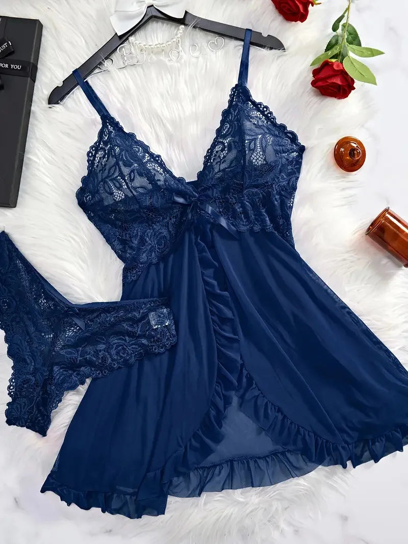 Conjunto de camisón ultra sexy de tul con escote en V, sujetador, falda abierta para dormir, vestido erótico de noche, pijama transparente para mujer, lencería, pantalones, kit de lujo.