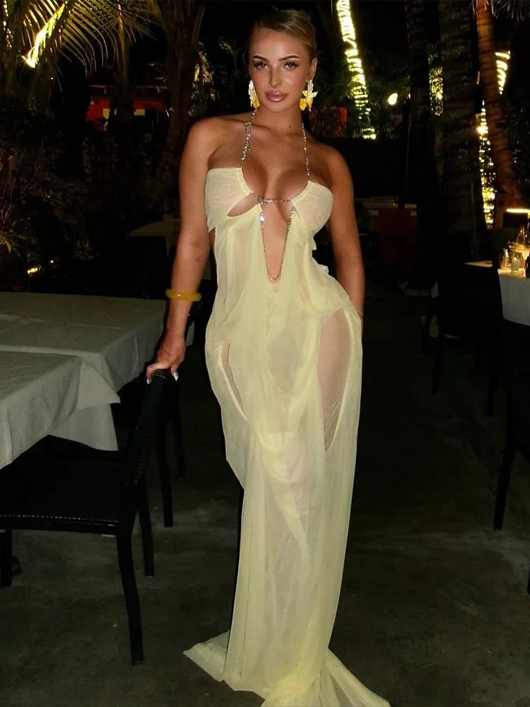 Vestido de fiesta Nibber para mujer, sexy, transparente, de lujo, con cadena, cuello halter bajo, sin espalda, sin mangas, elegante, medianoche.