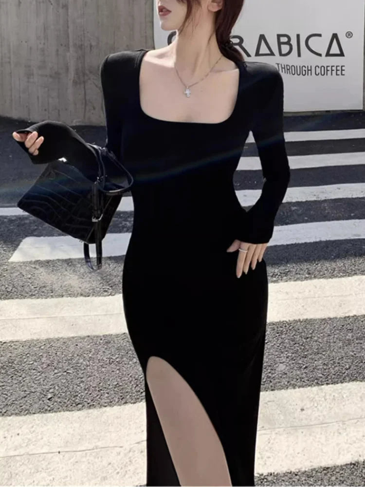 Vestido sexy con abertura lateral, ajustado, cruzado, por encima de la rodilla, de manga larga, negro, primavera/otoño Talla única