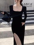 Vestido sexy con abertura lateral, ajustado, cruzado, por encima de la rodilla, de manga larga, negro, primavera/otoño Talla única