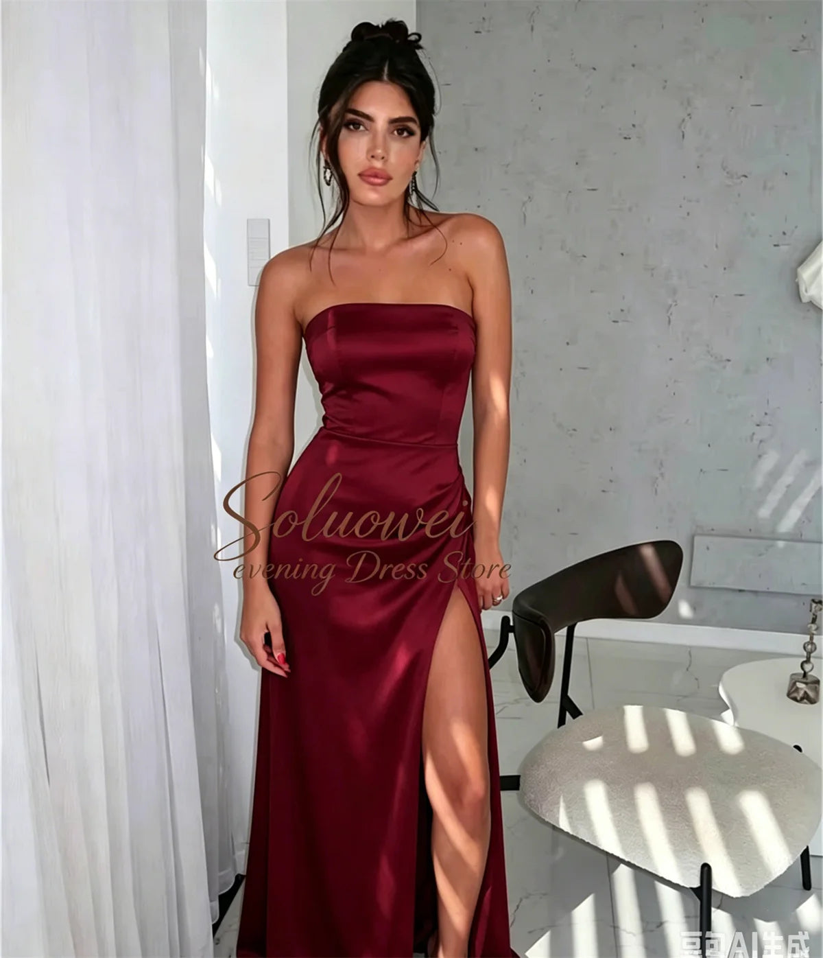 Hermoso y elegantes para mujer con pliegues, sencillo vestido de fiesta negro estilo sirena, sexy, sin hombros, con abertura alta, personalizados.