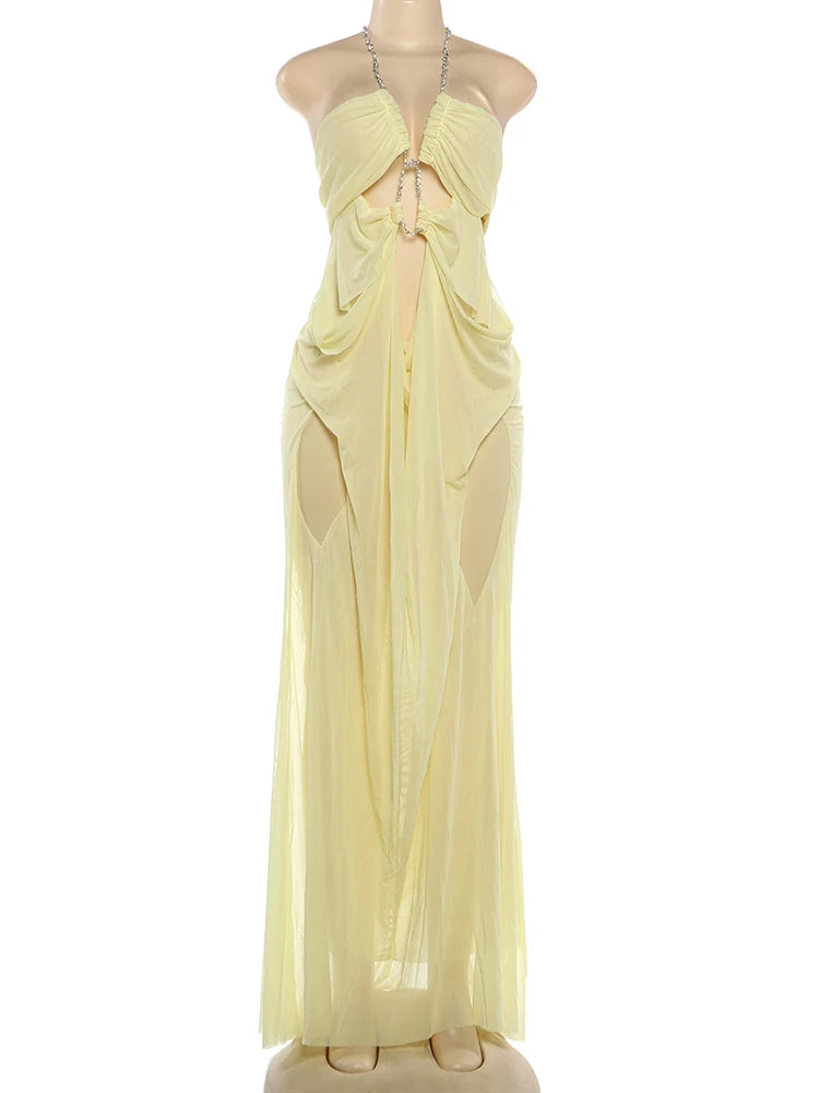Vestido de fiesta Nibber para mujer, sexy, transparente, de lujo, con cadena, cuello halter bajo, sin espalda, sin mangas, elegante, medianoche.