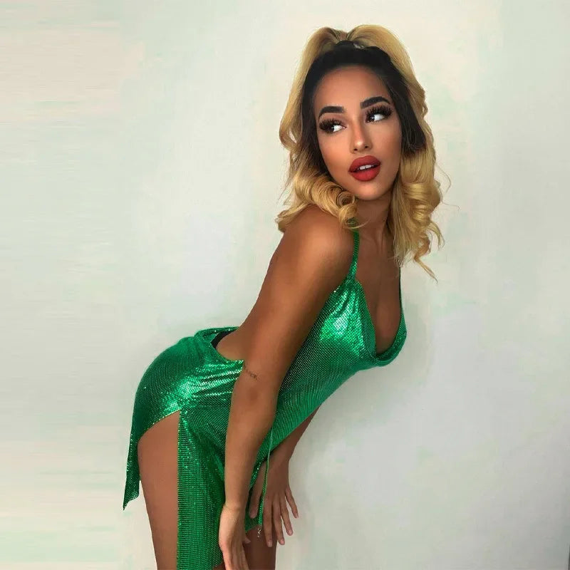 Vestido corto sexy a la moda para mujer, con escote asimétrico, espalda descubierta y lentejuelas en el pecho, provocativa y sexy