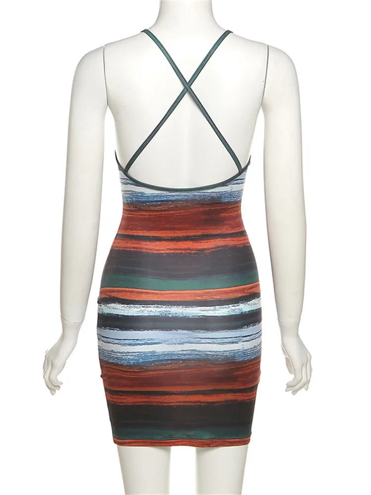 Vestidos cortos de rayas con paneles de Kliou, estilo estético, sexy, ajustados, con escote asimétrico, sin espalda, estilo vintage, ideales para salir de fiesta.