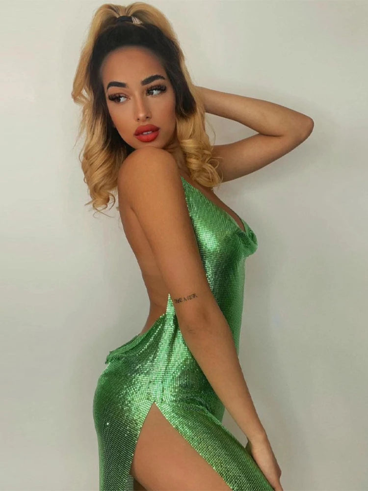 Vestido corto sexy a la moda para mujer, con escote asimétrico, espalda descubierta y lentejuelas en el pecho, provocativa y sexy