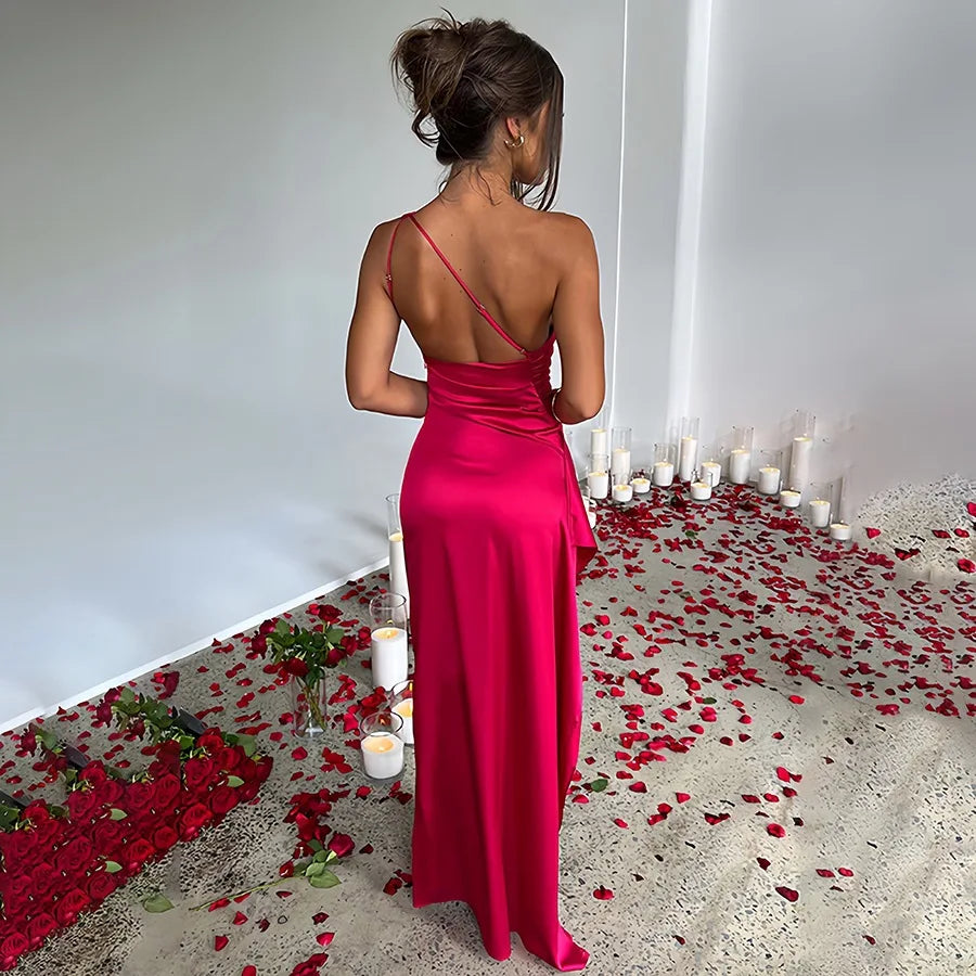 Vestido largo sexy y elegante, un solo hombro, sin mangas, con abertura alta en la espalda
