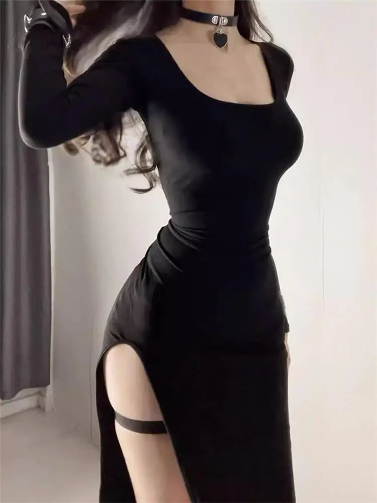 Vestido sexy con abertura lateral, ajustado, cruzado, por encima de la rodilla, de manga larga, negro, primavera/otoño Talla única