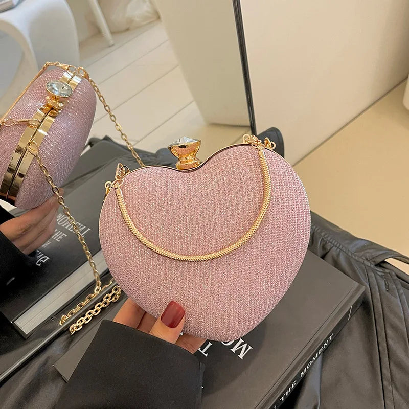 Bolso de mano de noche para mujer, bolso brillante con forma de corazón, bolsos de mano metálicos, bolsos de moda con cadena, bolsos de hombro y bandoleras de lujo para mujer