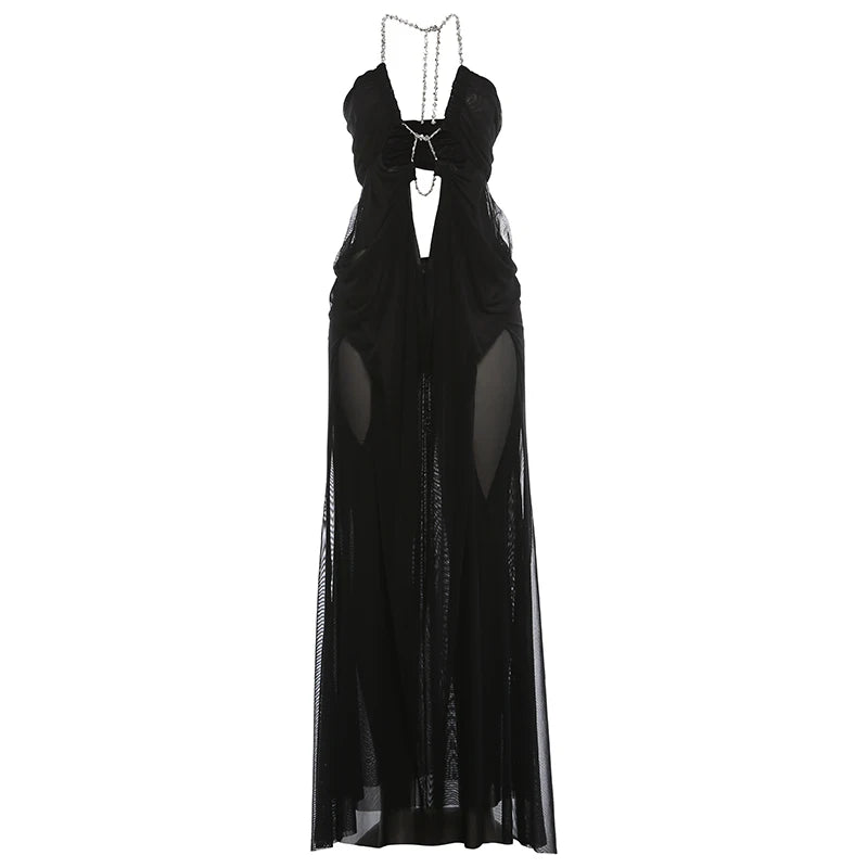 Vestido de fiesta Nibber para mujer, sexy, transparente, de lujo, con cadena, cuello halter bajo, sin espalda, sin mangas, elegante, medianoche.