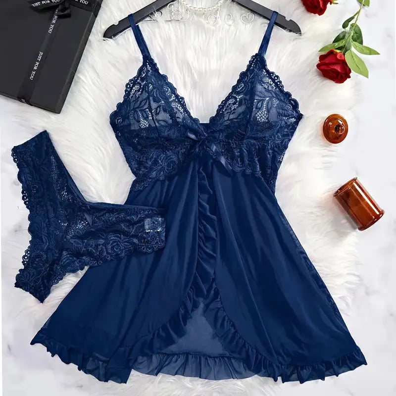 Conjunto de camisón ultra sexy de tul con escote en V, sujetador, falda abierta para dormir, vestido erótico de noche, pijama transparente para mujer, lencería, pantalones, kit de lujo.