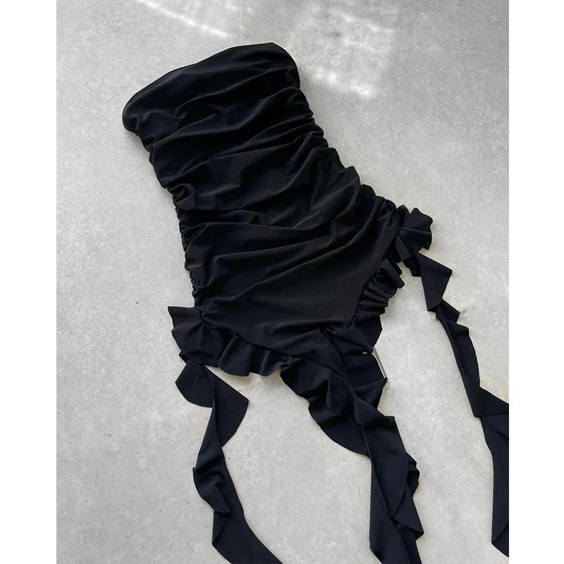 Vestido corto sin tirantes sexy  con abertura alta para mujer,vestido de fiesta negro y rosa sin espalda, sin mangas.