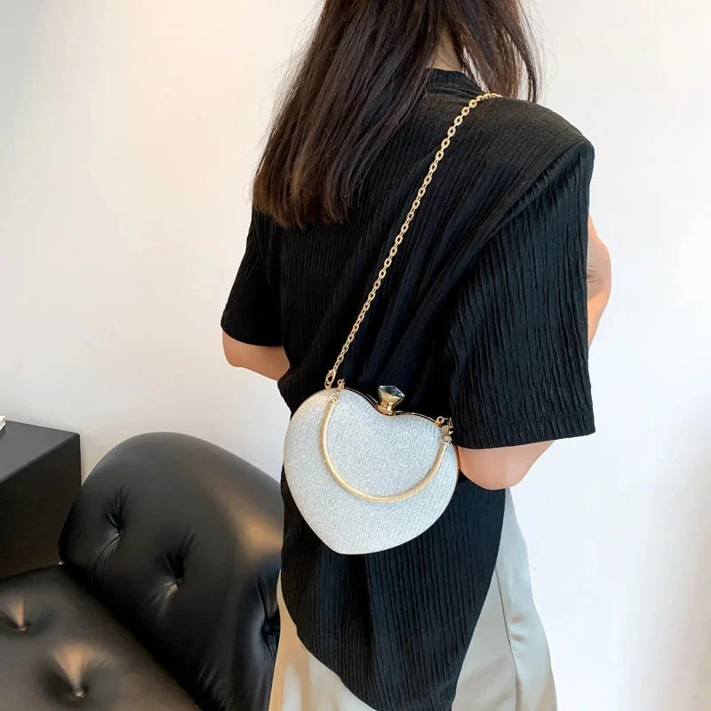 Bolso de mano de noche para mujer, bolso brillante con forma de corazón, bolsos de mano metálicos, bolsos de moda con cadena, bolsos de hombro y bandoleras de lujo para mujer