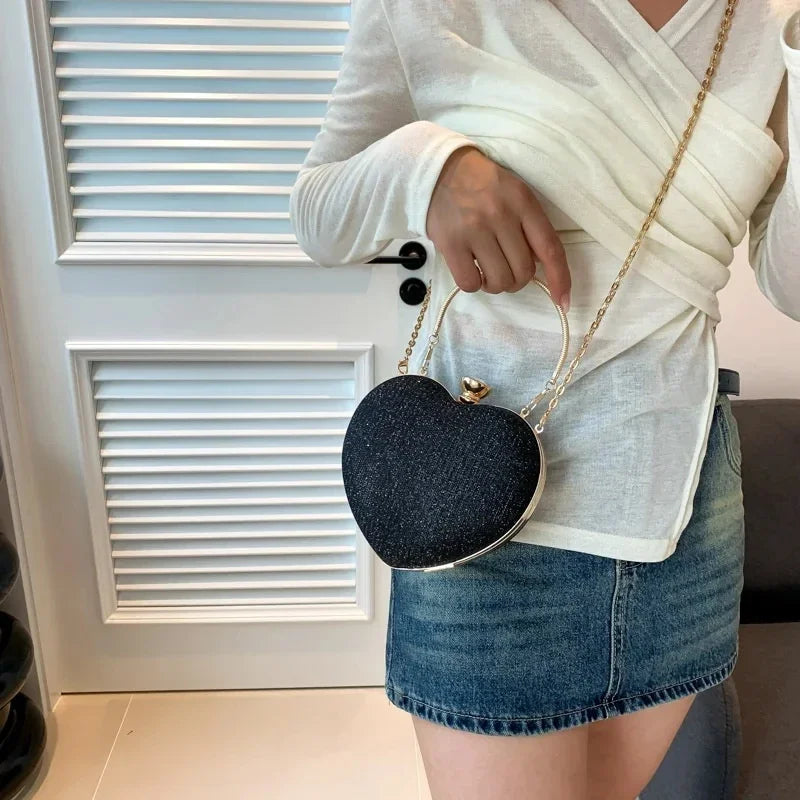 Bolso de mano de noche para mujer, bolso brillante con forma de corazón, bolsos de mano metálicos, bolsos de moda con cadena, bolsos de hombro y bandoleras de lujo para mujer