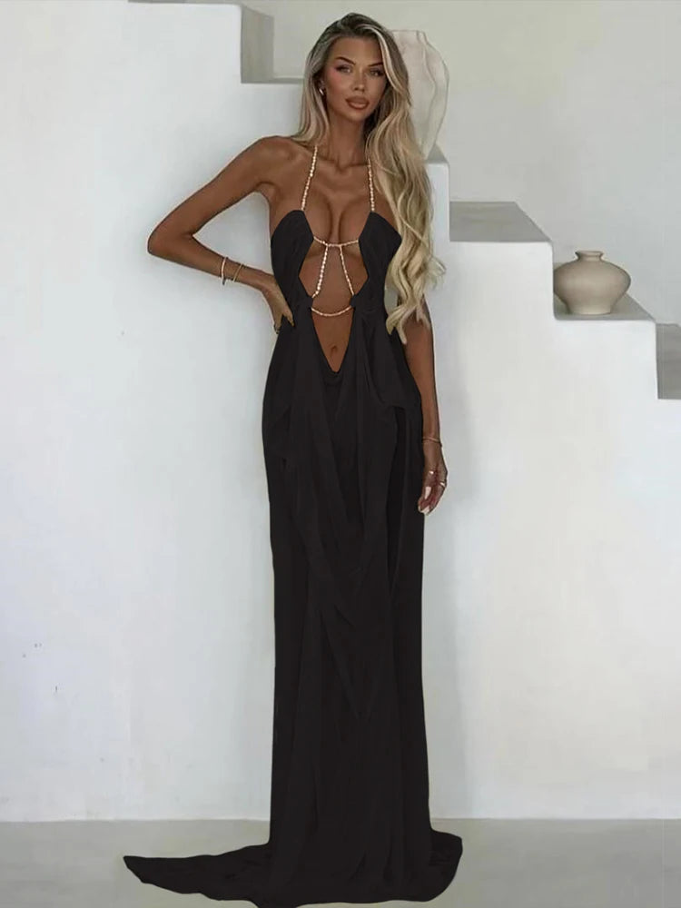 Vestido de fiesta Nibber para mujer, sexy, transparente, de lujo, con cadena, cuello halter bajo, sin espalda, sin mangas, elegante, medianoche.