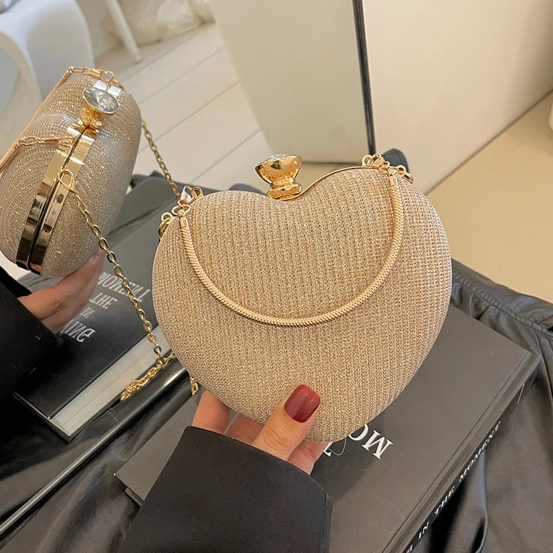 Bolso de mano de noche para mujer, bolso brillante con forma de corazón, bolsos de mano metálicos, bolsos de moda con cadena, bolsos de hombro y bandoleras de lujo para mujer