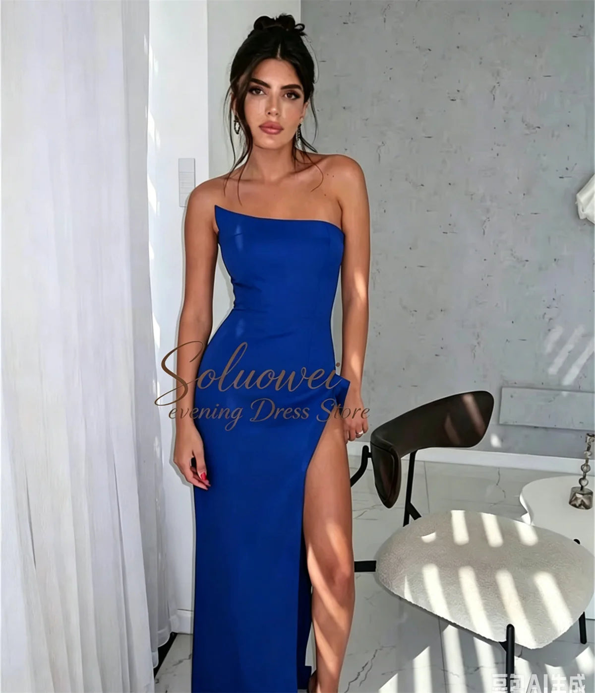 Hermoso y elegantes para mujer con pliegues, sencillo vestido de fiesta negro estilo sirena, sexy, sin hombros, con abertura alta, personalizados.