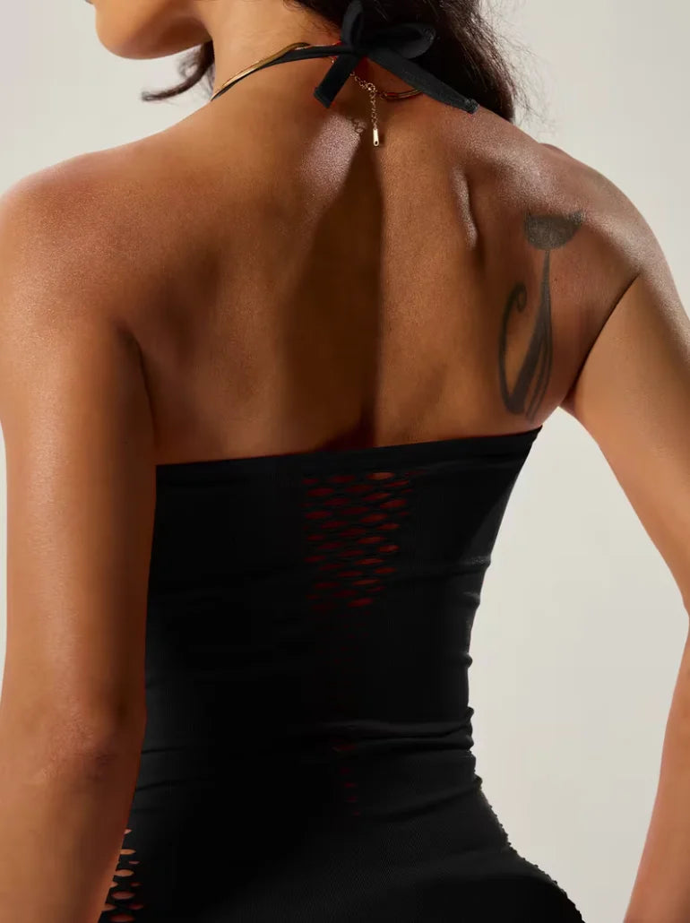 Vestido ajustado sexy de mujer con cuello halter, aberturas y lencería elástica de rejilla, ropa de dormir, ropa de noche