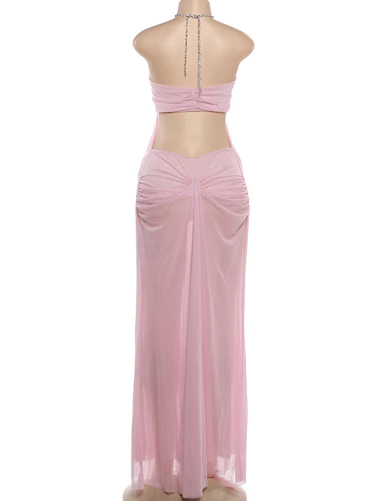 Vestido de fiesta Nibber para mujer, sexy, transparente, de lujo, con cadena, cuello halter bajo, sin espalda, sin mangas, elegante, medianoche.