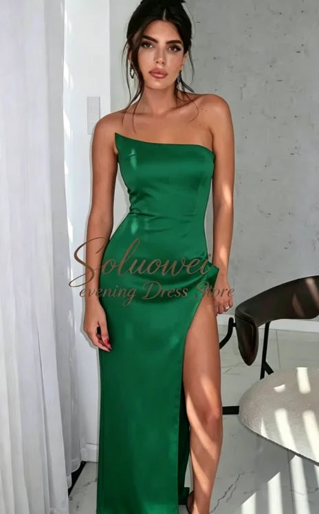 Hermoso y elegantes para mujer con pliegues, sencillo vestido de fiesta negro estilo sirena, sexy, sin hombros, con abertura alta, personalizados.